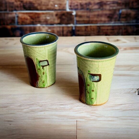 Vintage Ceramic Crackle Glaze Sake Glasses Japan - Picture 4 of 5